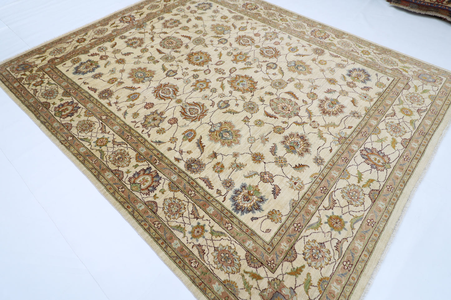 242 x 292 cm | Beige Floral Afghan Tribal Hand Knotted Wool Carpet