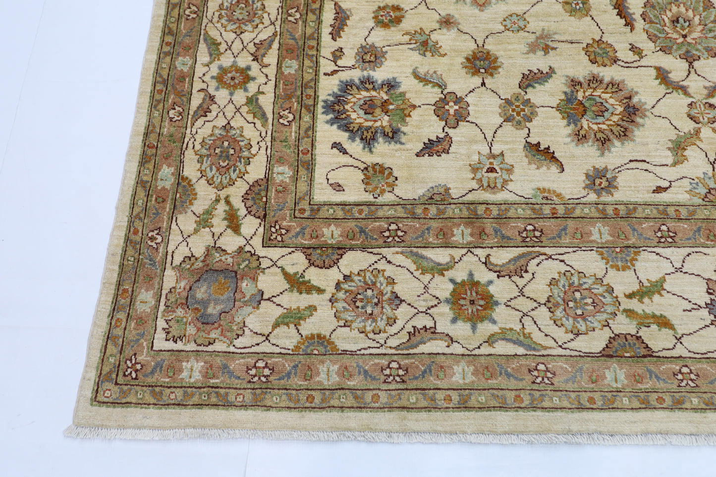 242 x 292 cm | Beige Floral Afghan Tribal Hand Knotted Wool Carpet