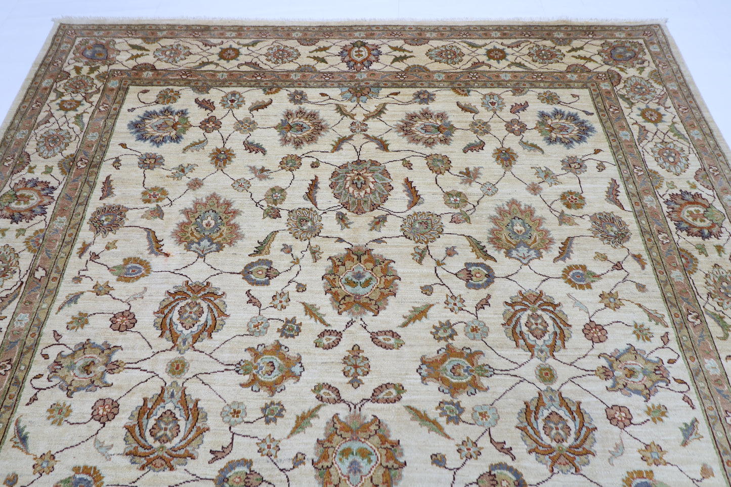 242 x 292 cm | Beige Floral Afghan Tribal Hand Knotted Wool Carpet