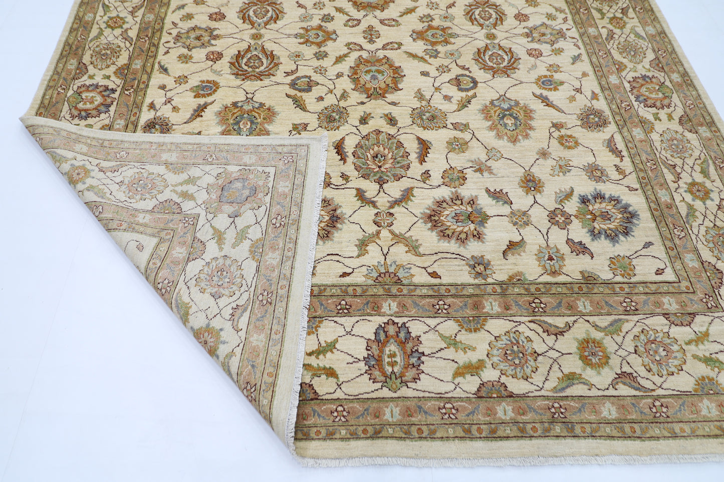242 x 292 cm | Beige Floral Afghan Tribal Hand Knotted Wool Carpet