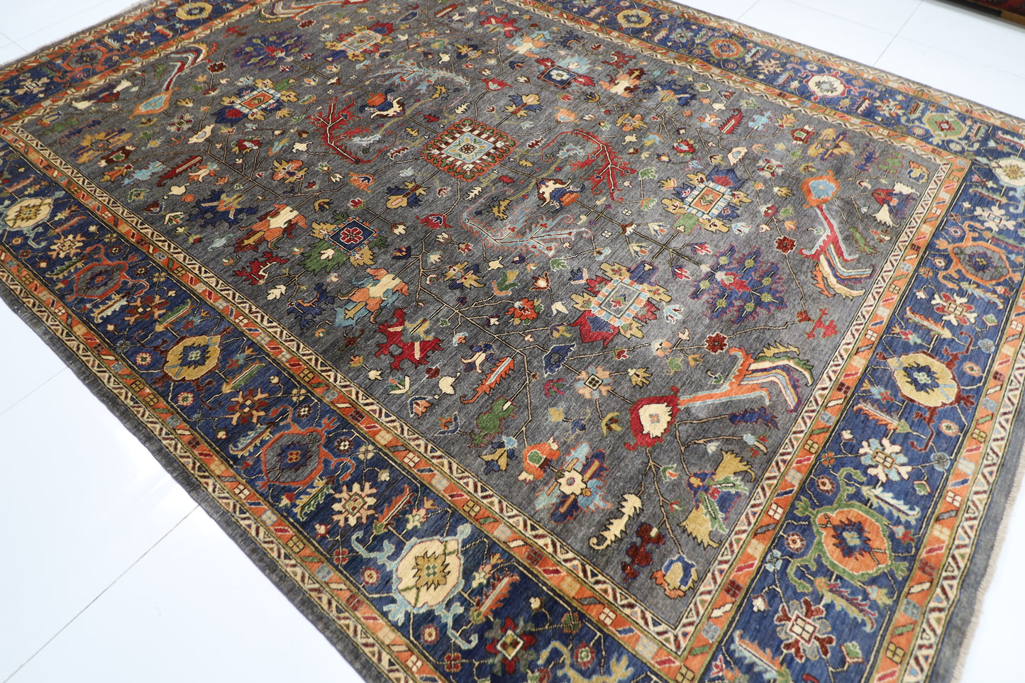 279 x 374 cm | Grey Afghan Tribal Hand Knotted Carpet