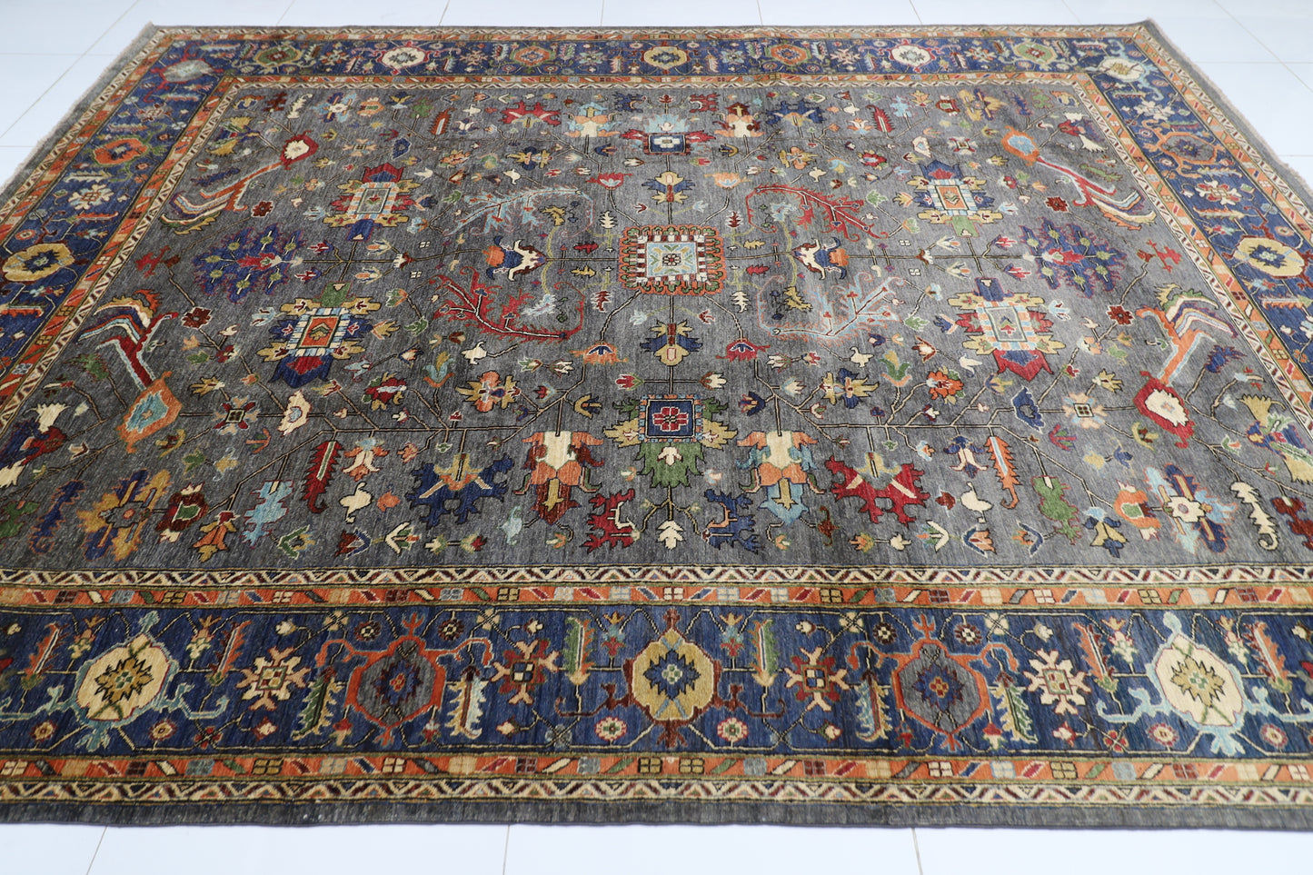 279 x 374 cm | Grey Afghan Tribal Hand Knotted Carpet