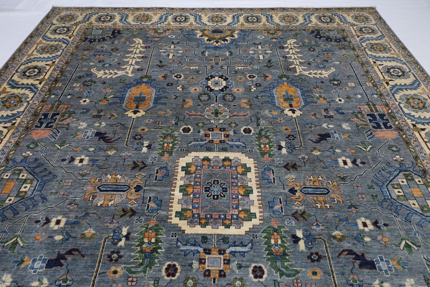 299 x 419 cm | Blueish Grey Afghan Tribal Hand Knotted Wool Carpet