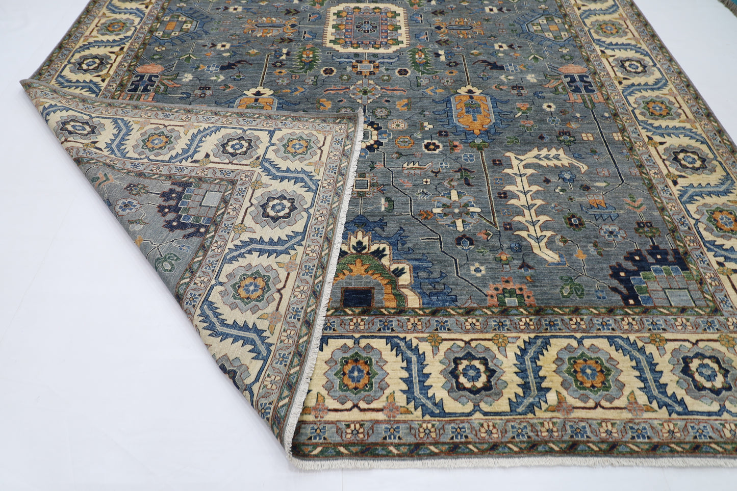 299 x 419 cm | Blueish Grey Afghan Tribal Hand Knotted Wool Carpet