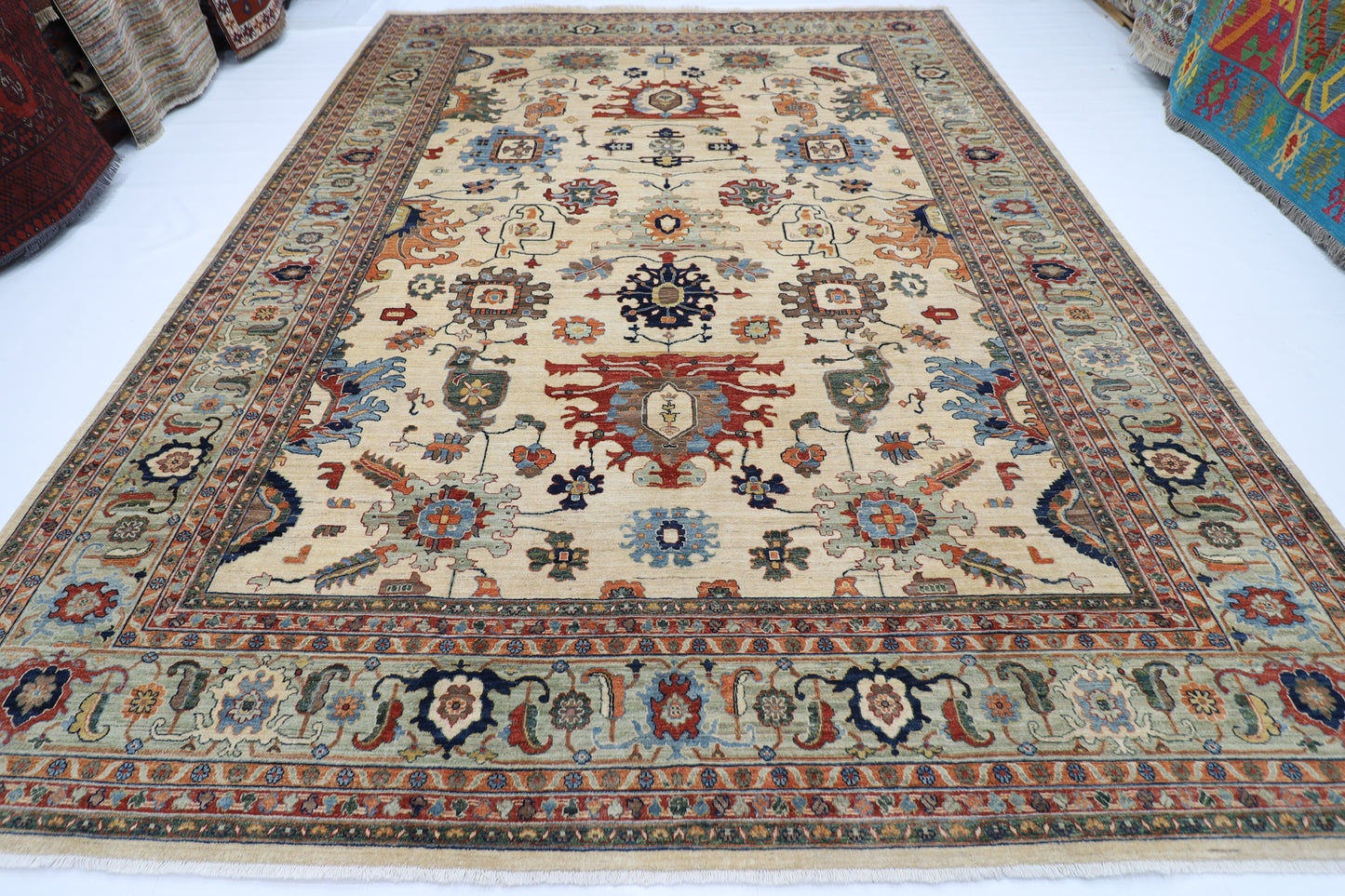308 x 413 cm | Beige Afghan Tribal Hand Knotted Wool Carpet