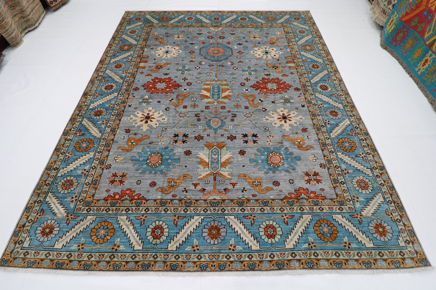 252 x 304 cm | Blueish Grey Afghan Tribal Hand Knotted Wool Carpet