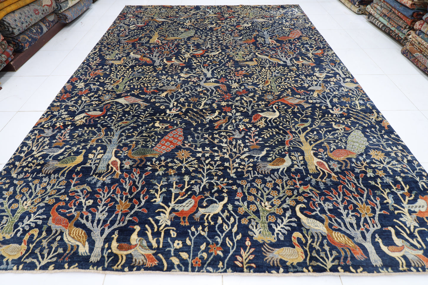 300 x 420 cm | Birds Navy Blue Afghan Tribal Hand Knotted Carpet