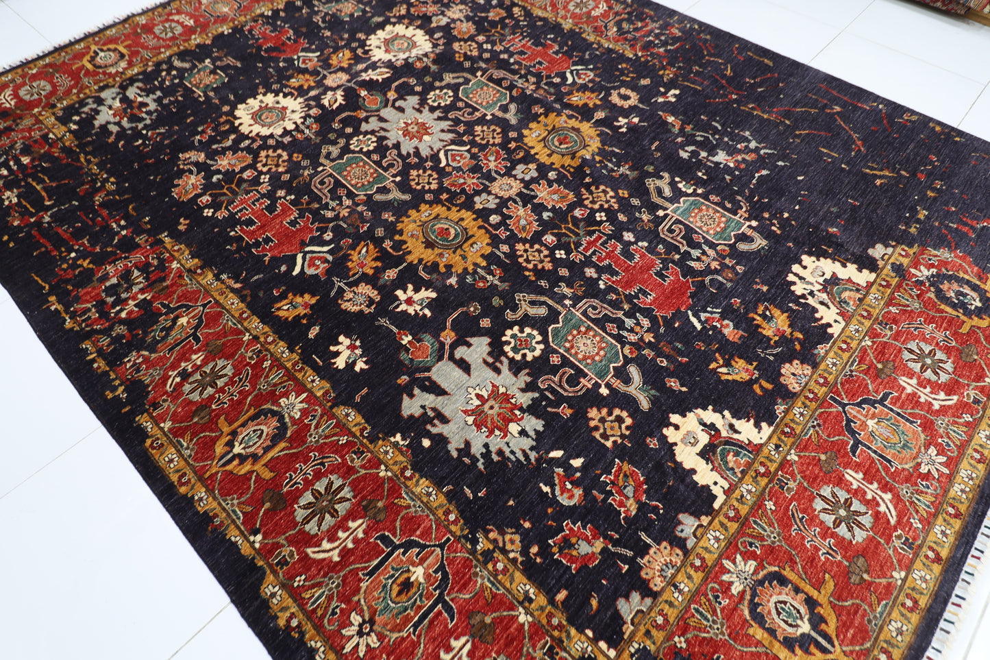 275 x 360 cm | Abstract Navy Afghan Hand Knotted Carpet