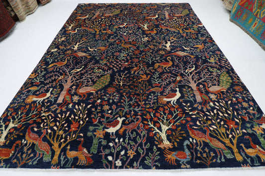 270 x 365 cm | Birds Navy Afghan Tribal Hand Knotted Wool Carpet
