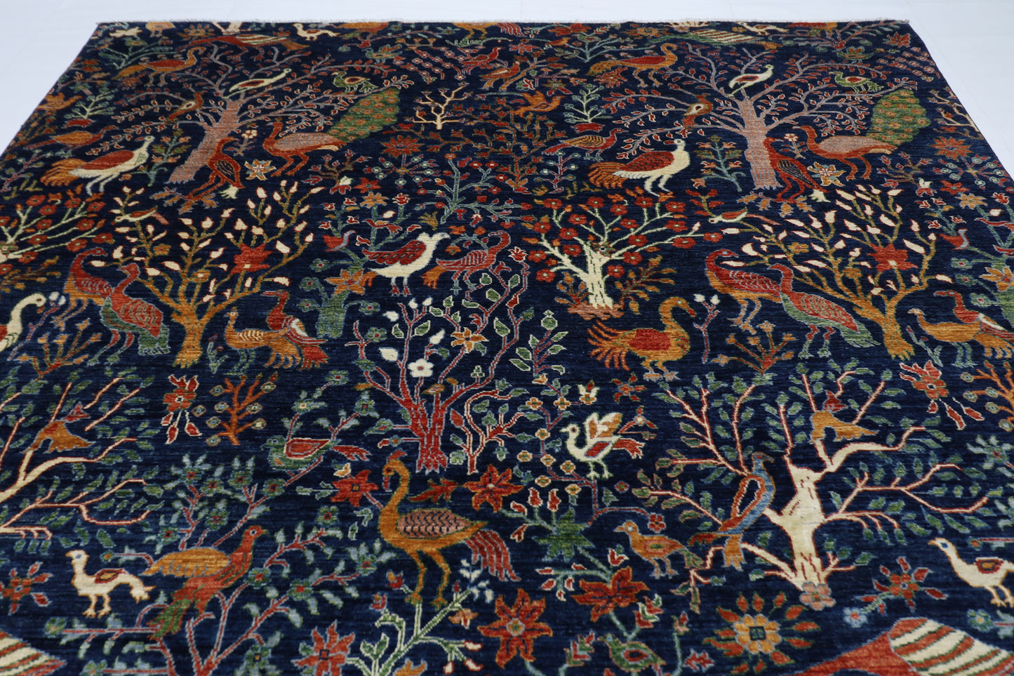 270 x 365 cm | Birds Navy Afghan Tribal Hand Knotted Wool Carpet