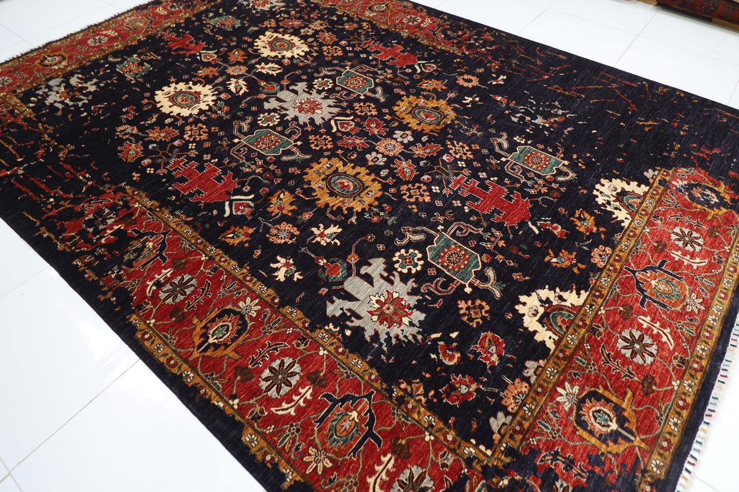 271 x 374 cm | Abstract Navy Afghan Hand Knotted Carpet