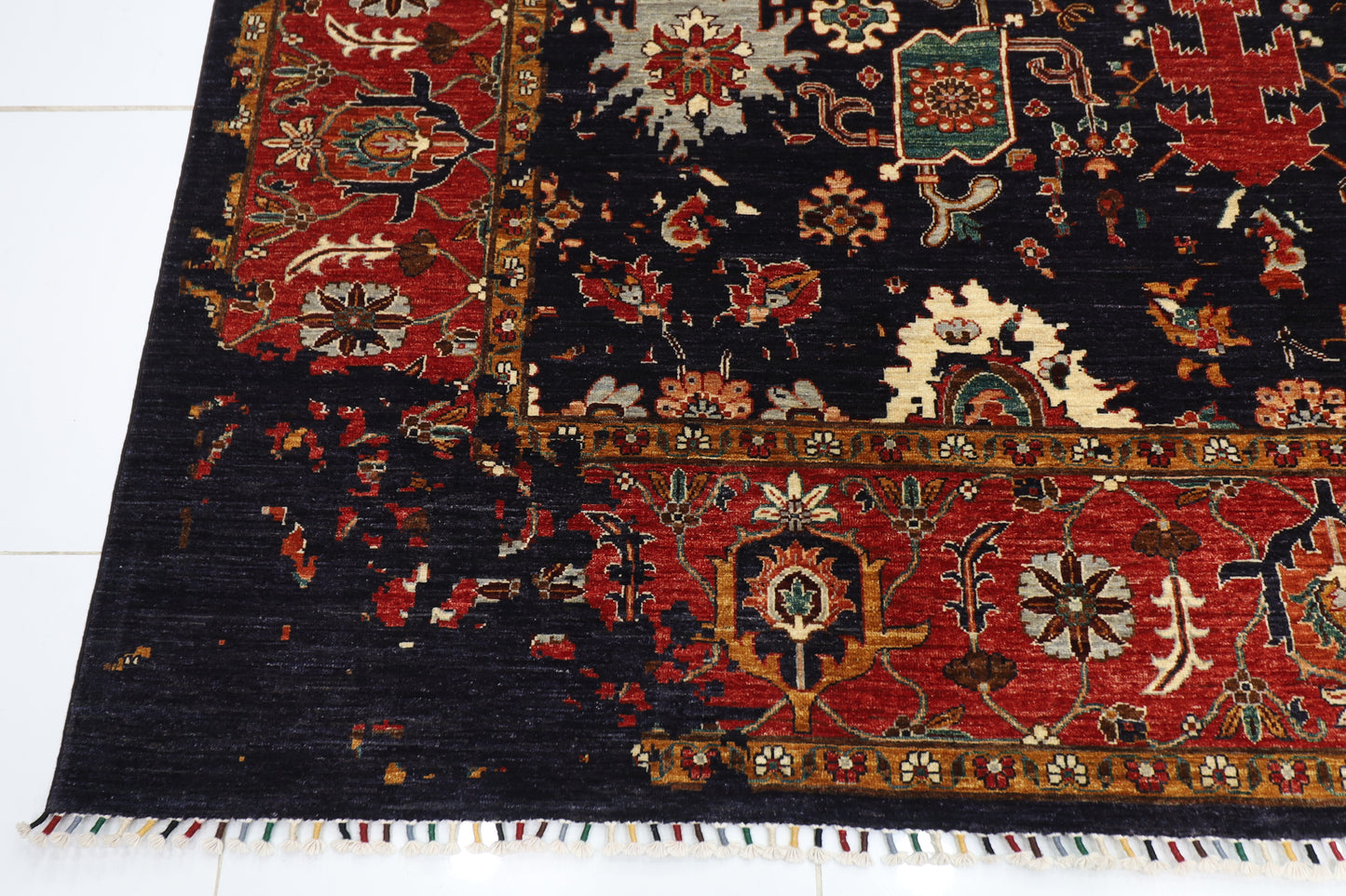 271 x 374 cm | Abstract Navy Afghan Hand Knotted Carpet