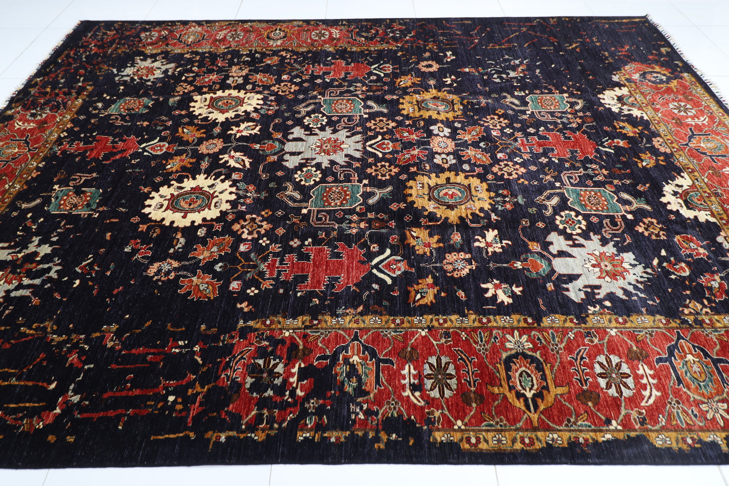 271 x 374 cm | Abstract Navy Afghan Hand Knotted Carpet