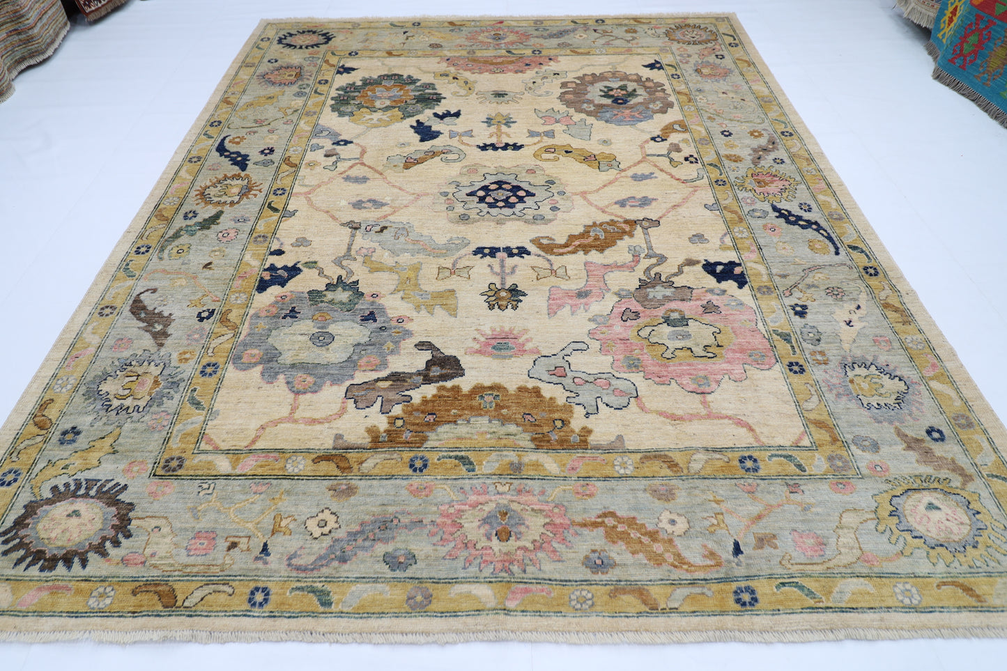 253 x 306 cm | Oushak Cream Afghan Tribal Hand Knotted Wool Carpet