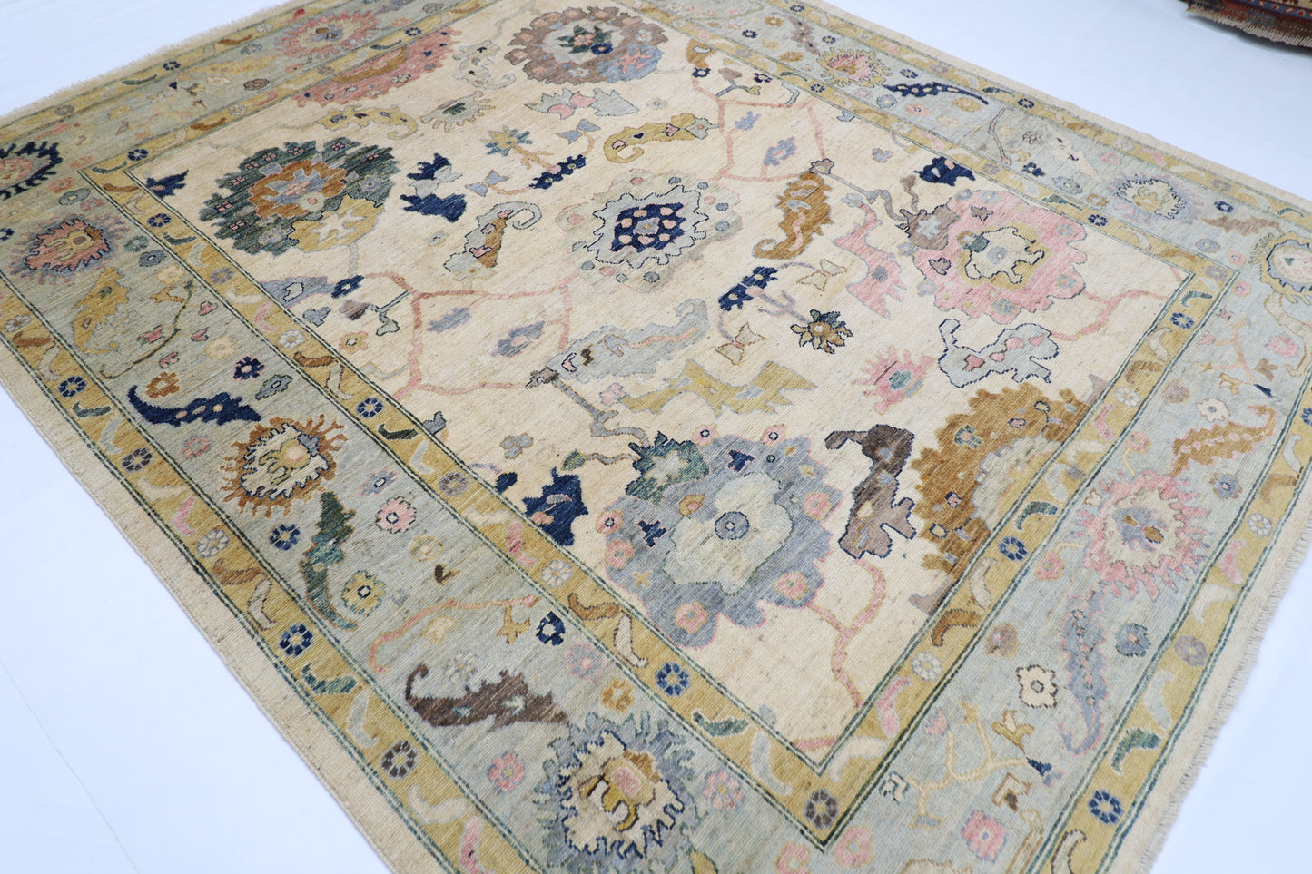 253 x 306 cm | Oushak Cream Afghan Tribal Hand Knotted Wool Carpet