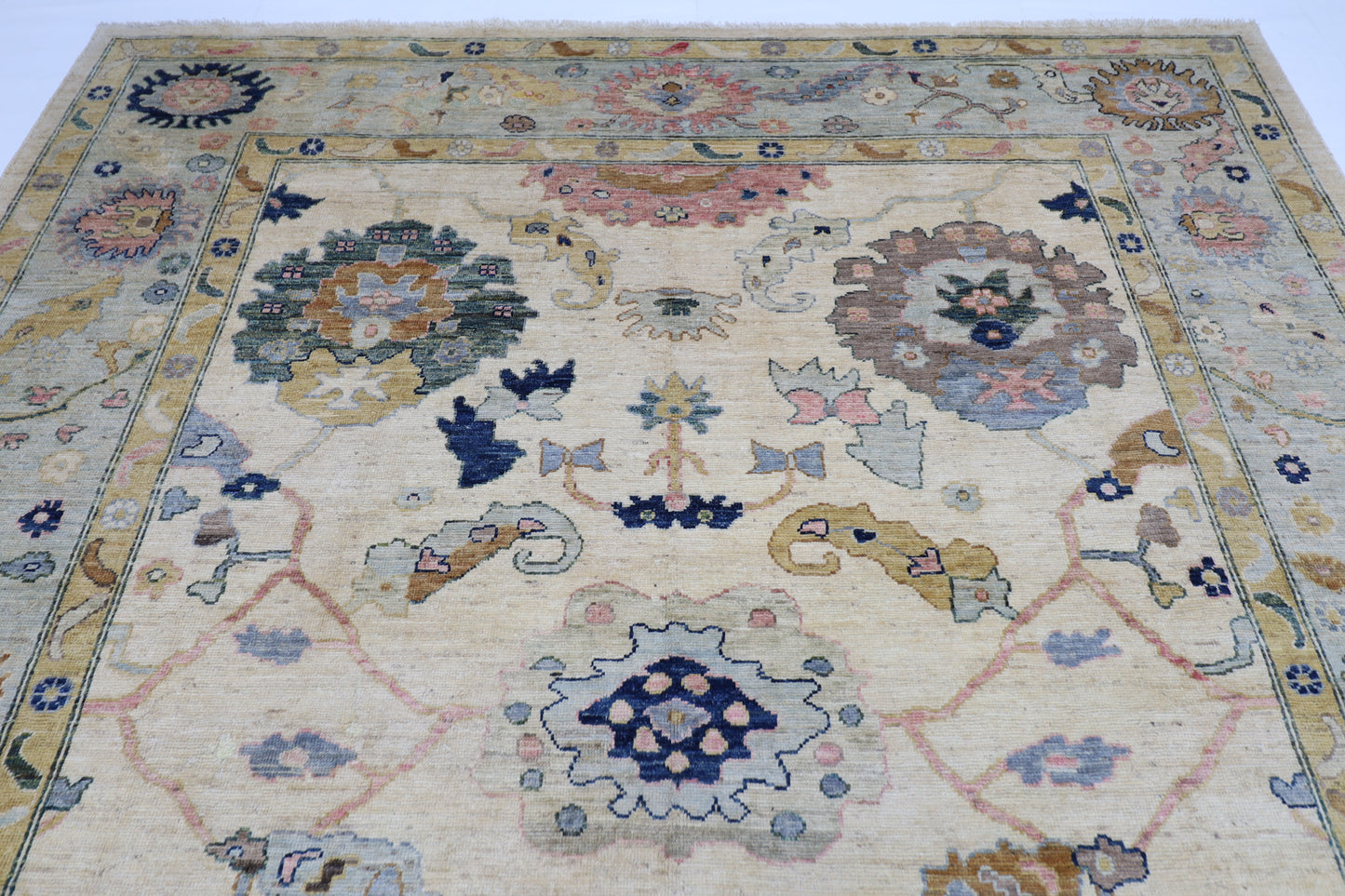 253 x 306 cm | Oushak Cream Afghan Tribal Hand Knotted Wool Carpet