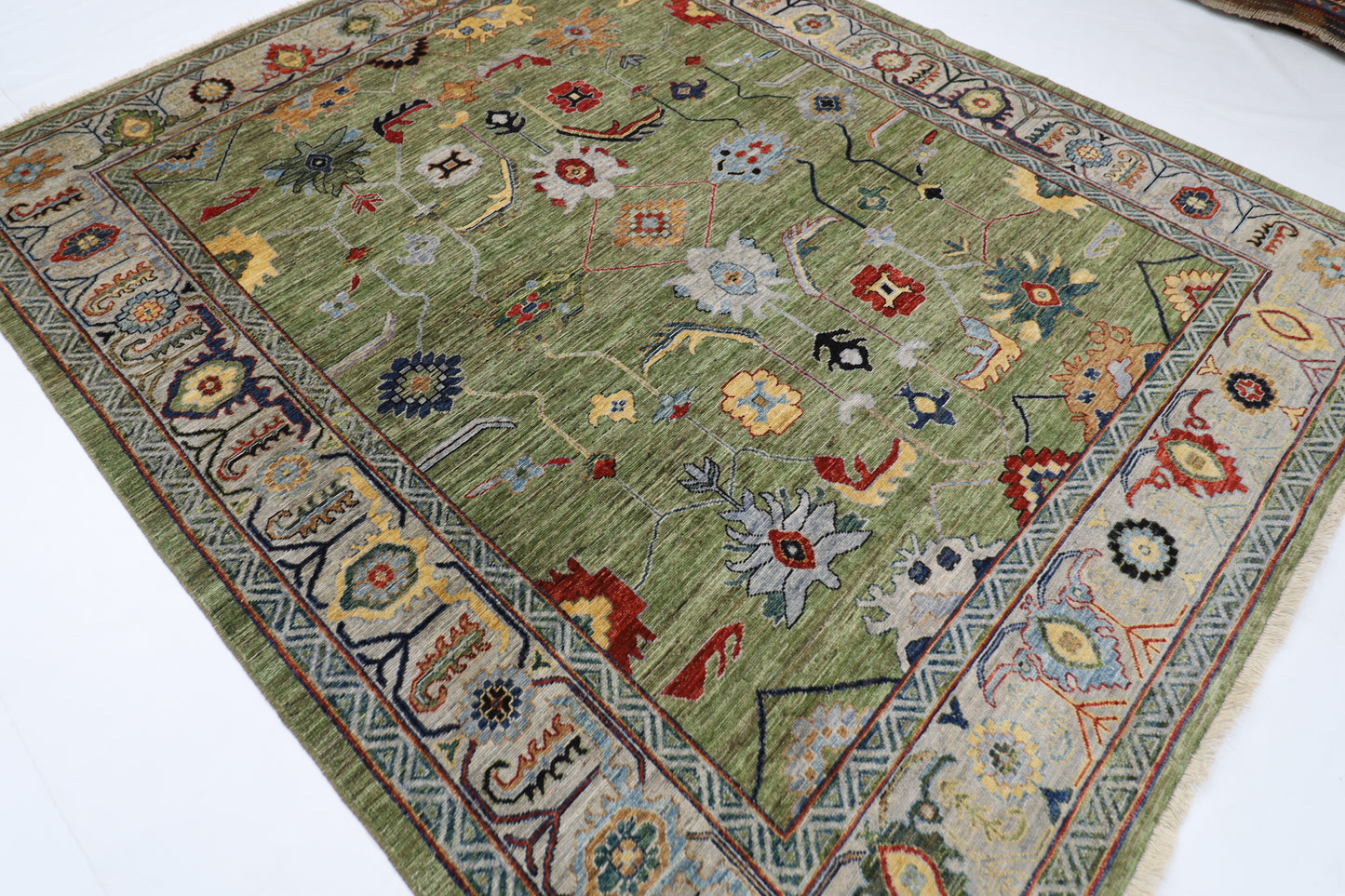 250 x 294 cm | Oushak Green Afghan Tribal Hand Knotted Wool Carpet