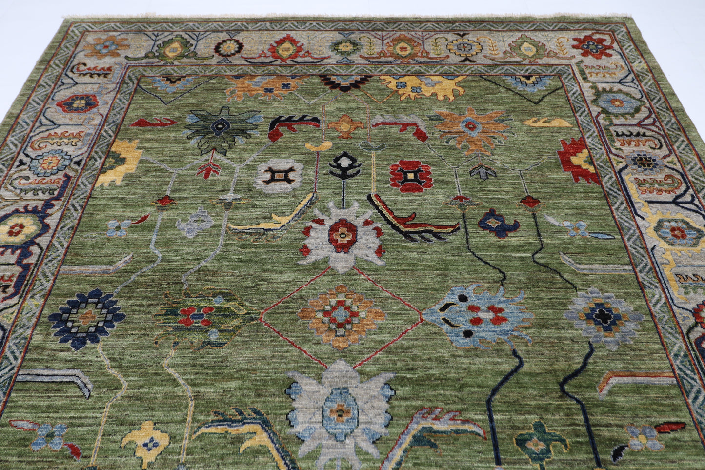 250 x 294 cm | Oushak Green Afghan Tribal Hand Knotted Wool Carpet