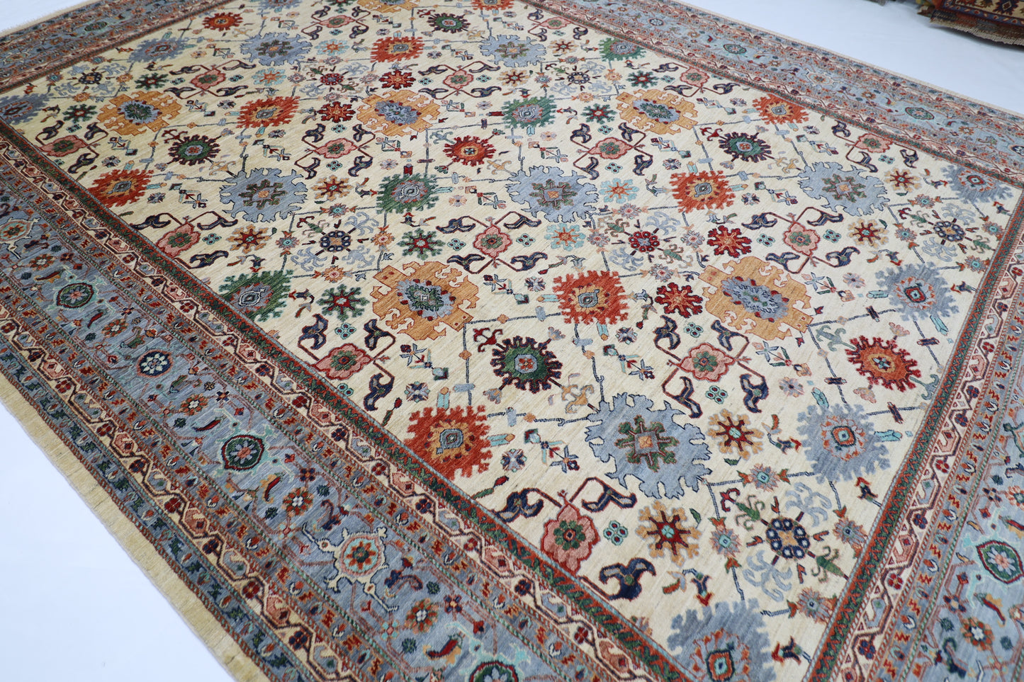 306 x 417 cm | Beige Afghan Tribal Hand Knotted Natural Veg Dye Wool Carpet