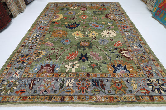 281 x 377 cm | Oushak Green Afghan Tribal Hand Knotted Natural Veg Dye Wool Carpet