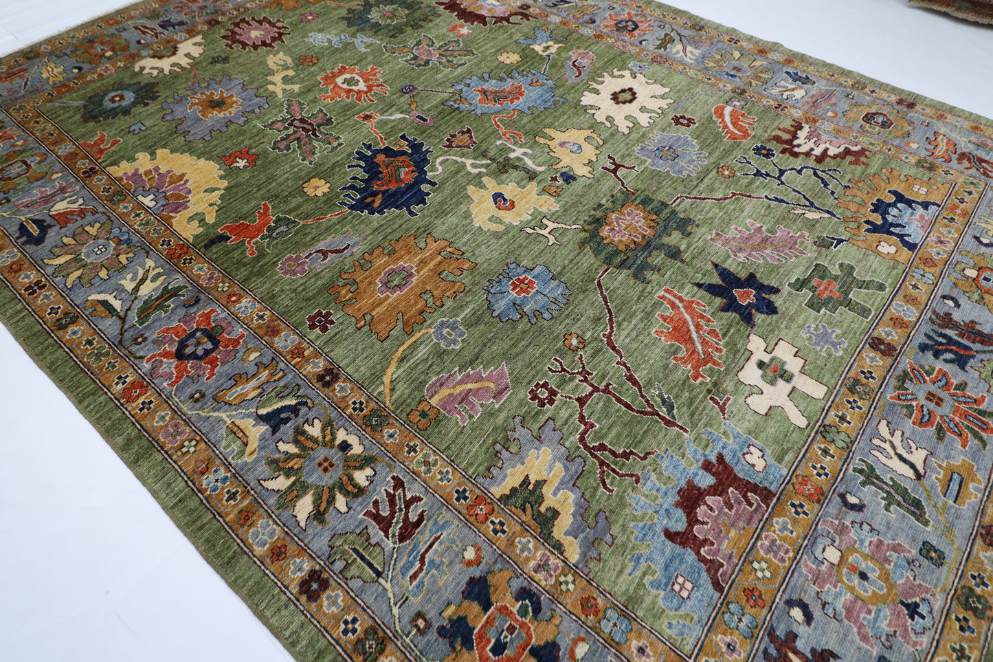 281 x 377 cm | Oushak Green Afghan Tribal Hand Knotted Natural Veg Dye Wool Carpet