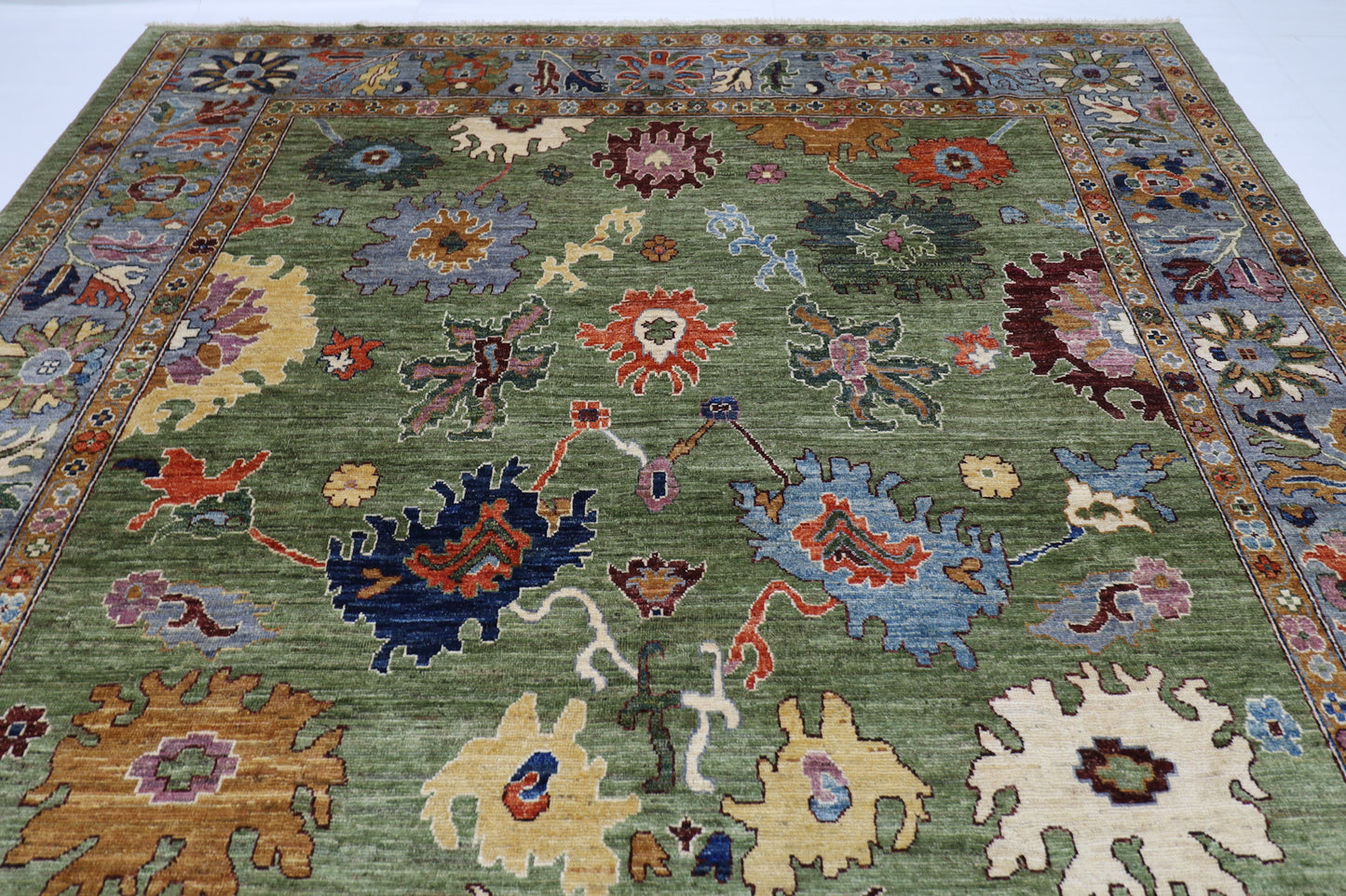 281 x 377 cm | Oushak Green Afghan Tribal Hand Knotted Natural Veg Dye Wool Carpet