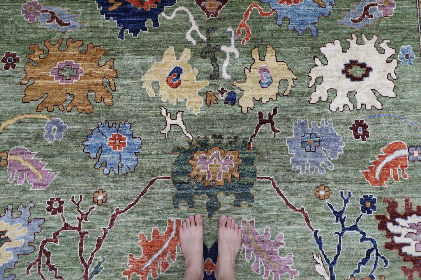 281 x 377 cm | Oushak Green Afghan Tribal Hand Knotted Natural Veg Dye Wool Carpet