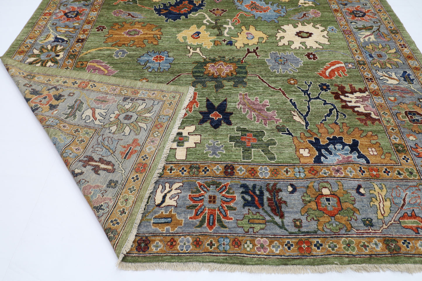 281 x 377 cm | Oushak Green Afghan Tribal Hand Knotted Natural Veg Dye Wool Carpet