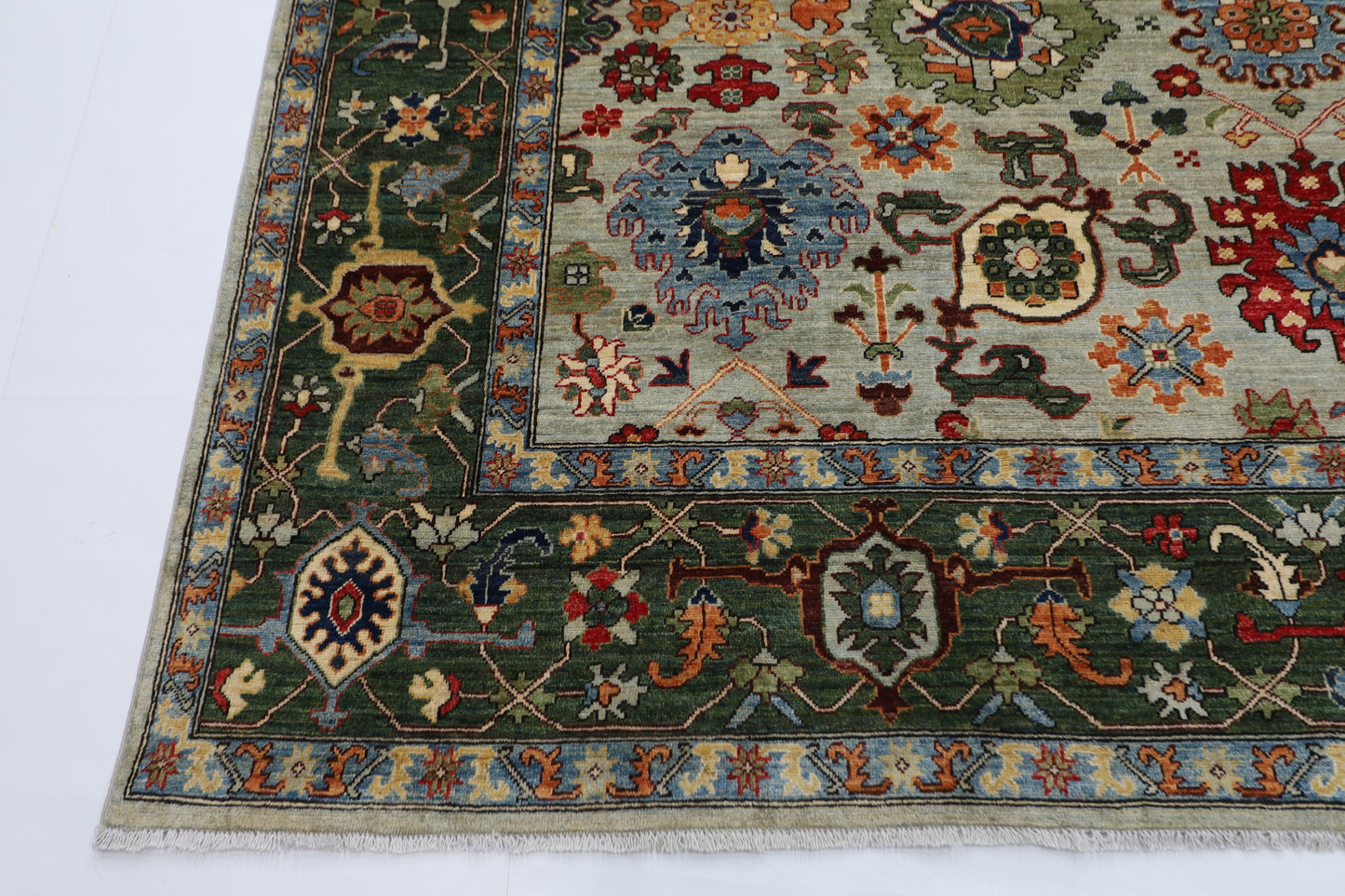 274 x 360 cm | Bidjar Green Afghan Tribal Hand Knotted Natural Veg Dye Wool Carpet