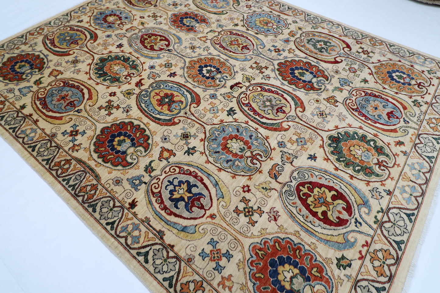 243 x 303 cm | Suzani Beige Afghan Tribal Hand Knotted Natural Veg Dye Wool Carpet