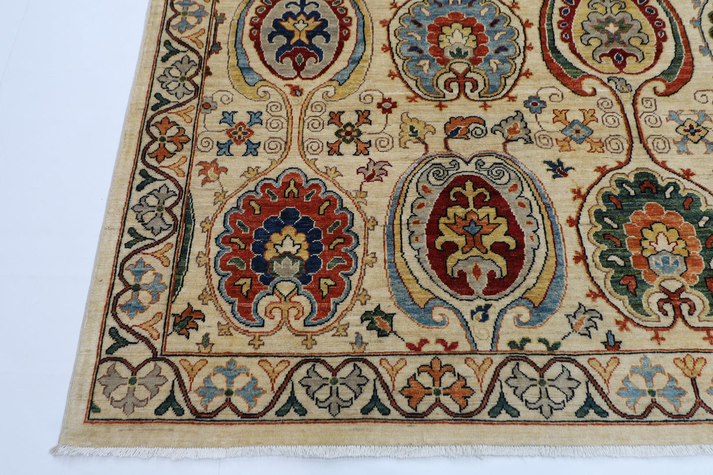 243 x 303 cm | Suzani Beige Afghan Tribal Hand Knotted Natural Veg Dye Wool Carpet