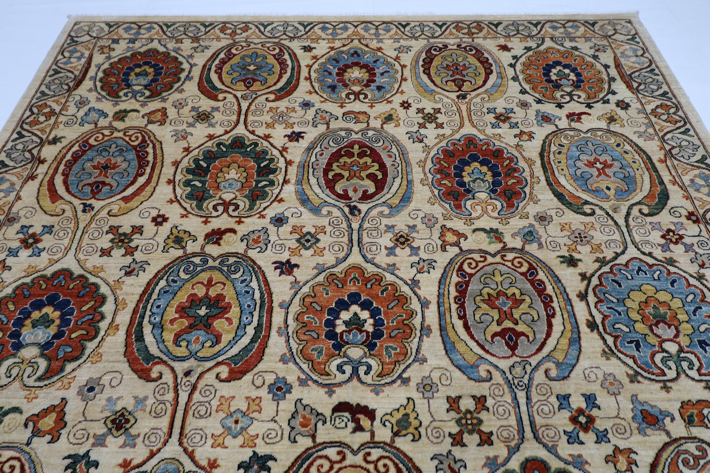 243 x 303 cm | Suzani Beige Afghan Tribal Hand Knotted Natural Veg Dye Wool Carpet