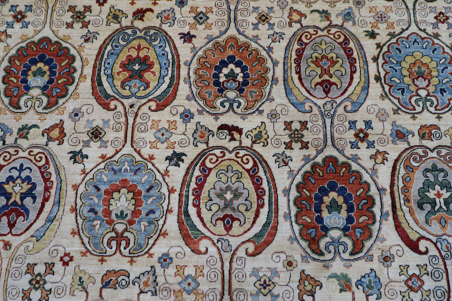 243 x 303 cm | Suzani Beige Afghan Tribal Hand Knotted Natural Veg Dye Wool Carpet