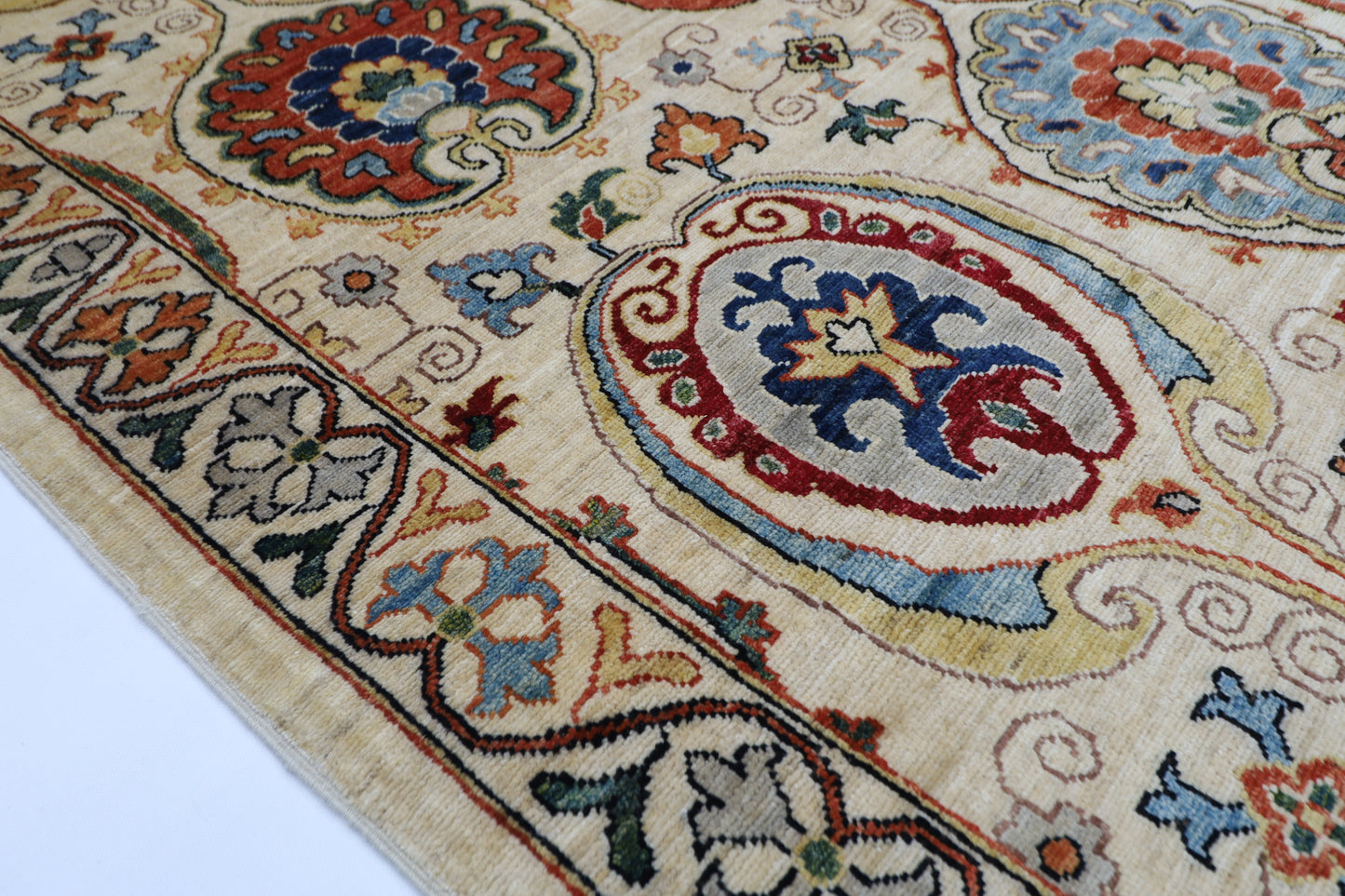 243 x 303 cm | Suzani Beige Afghan Tribal Hand Knotted Natural Veg Dye Wool Carpet