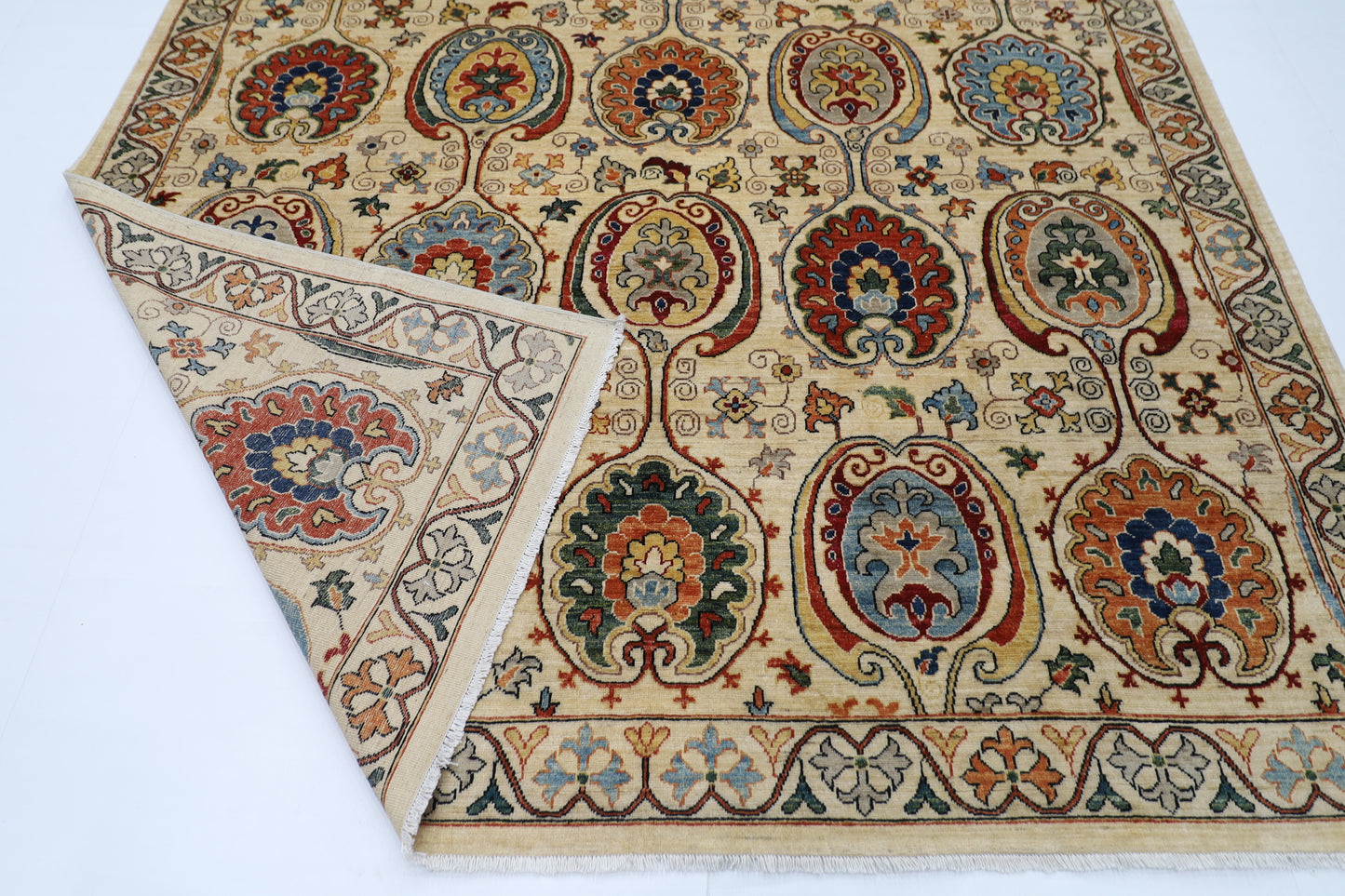 243 x 303 cm | Suzani Beige Afghan Tribal Hand Knotted Natural Veg Dye Wool Carpet