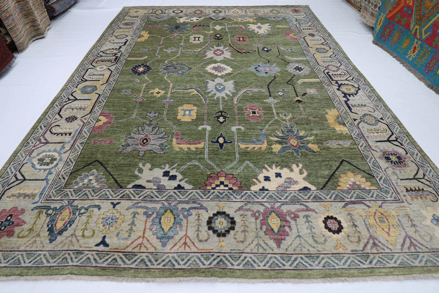 300 x 411 cm | Green Oushak Afghan Tribal Hand Knotted Natural Veg Dye Wool Carpet