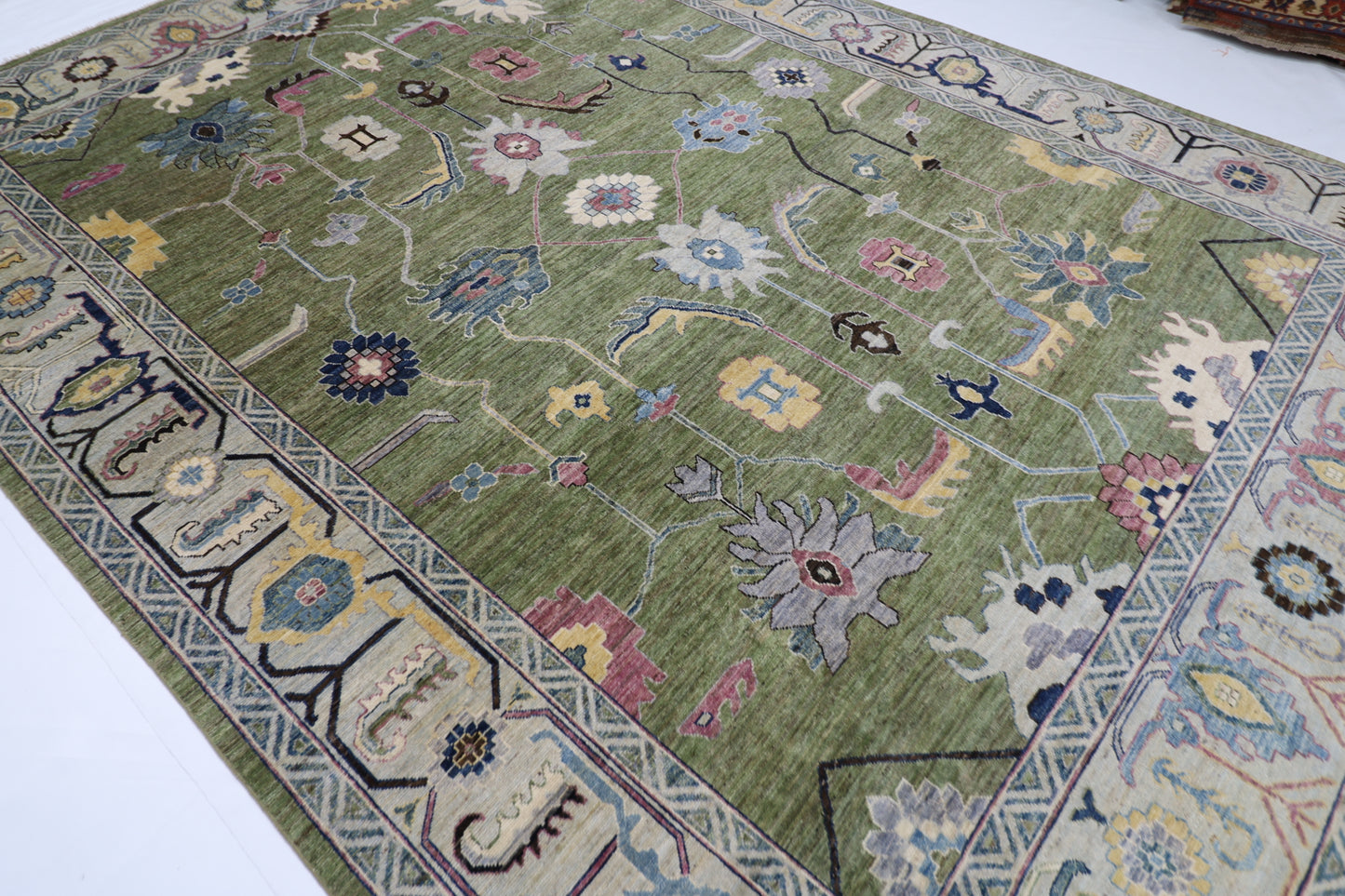 300 x 411 cm | Green Oushak Afghan Tribal Hand Knotted Natural Veg Dye Wool Carpet