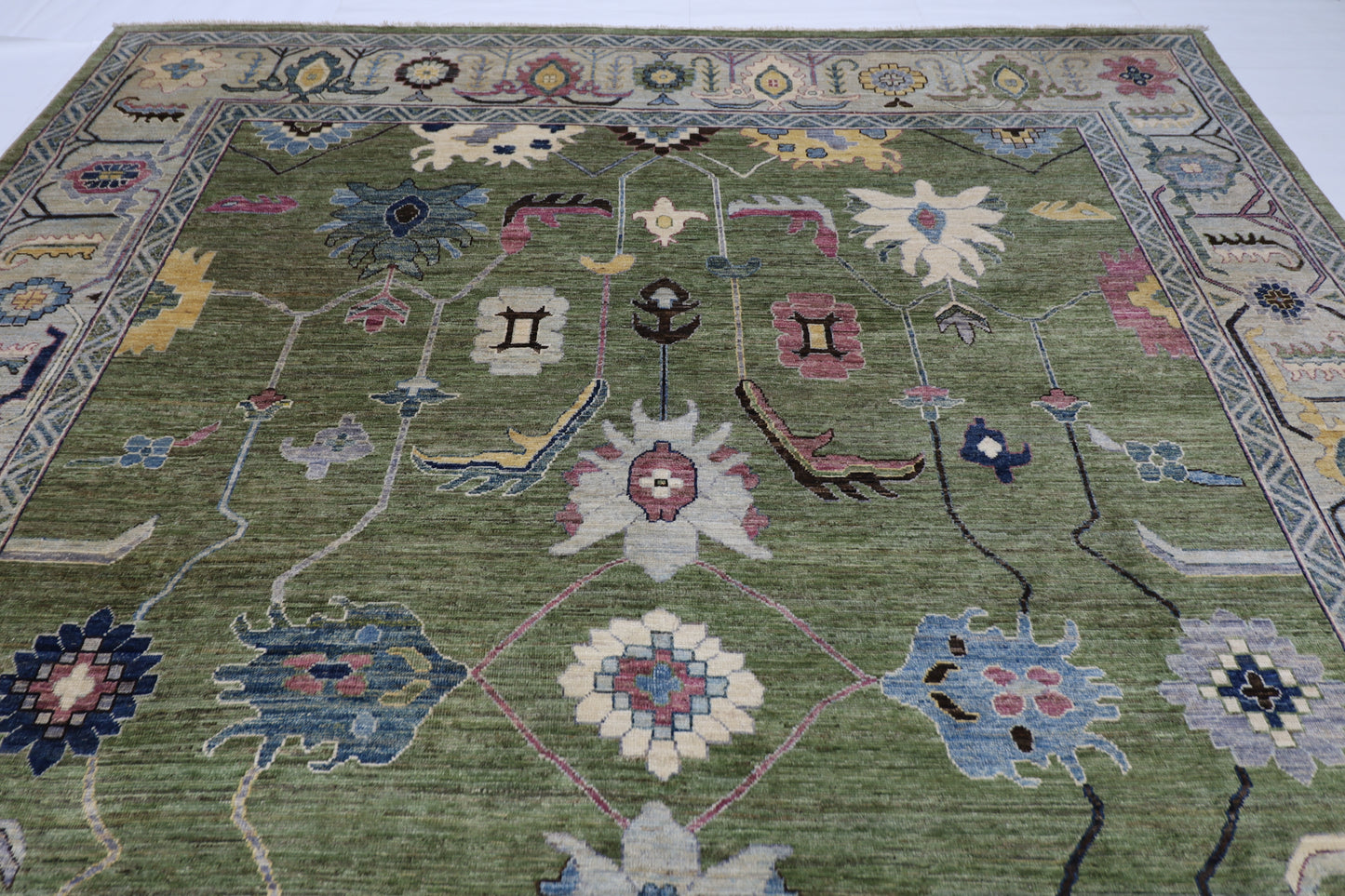 300 x 411 cm | Green Oushak Afghan Tribal Hand Knotted Natural Veg Dye Wool Carpet