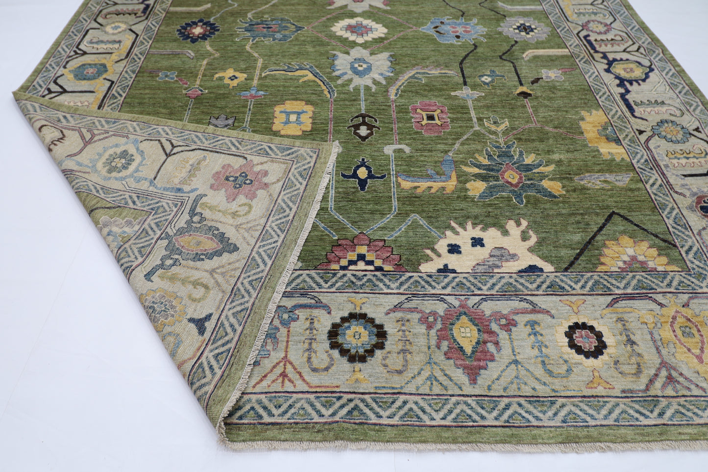 300 x 411 cm | Green Oushak Afghan Tribal Hand Knotted Natural Veg Dye Wool Carpet