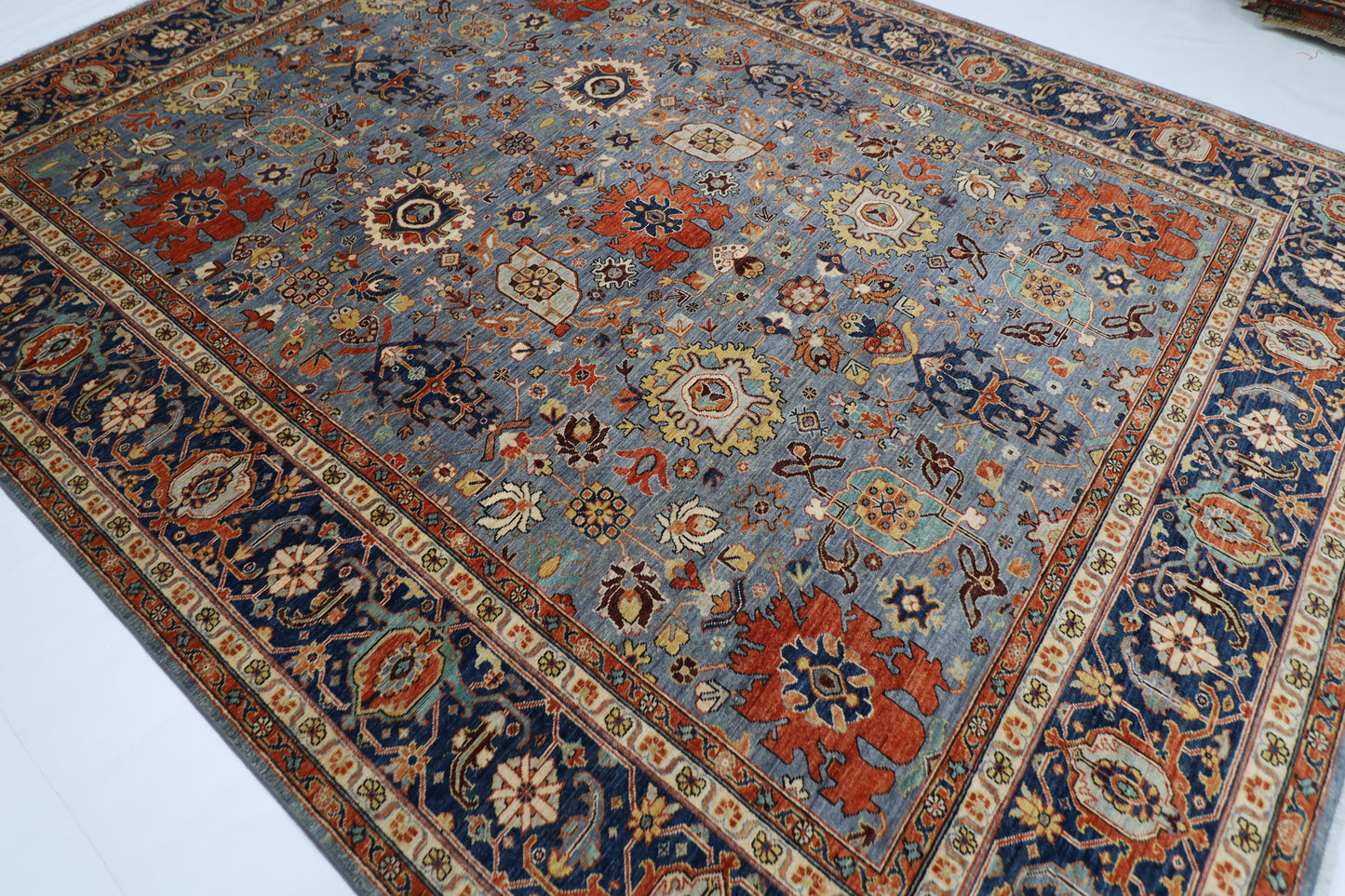 276 x 361 cm | Blueish Grey Afghan Tribal Hand Knotted Natural Veg Dye Wool Carpet