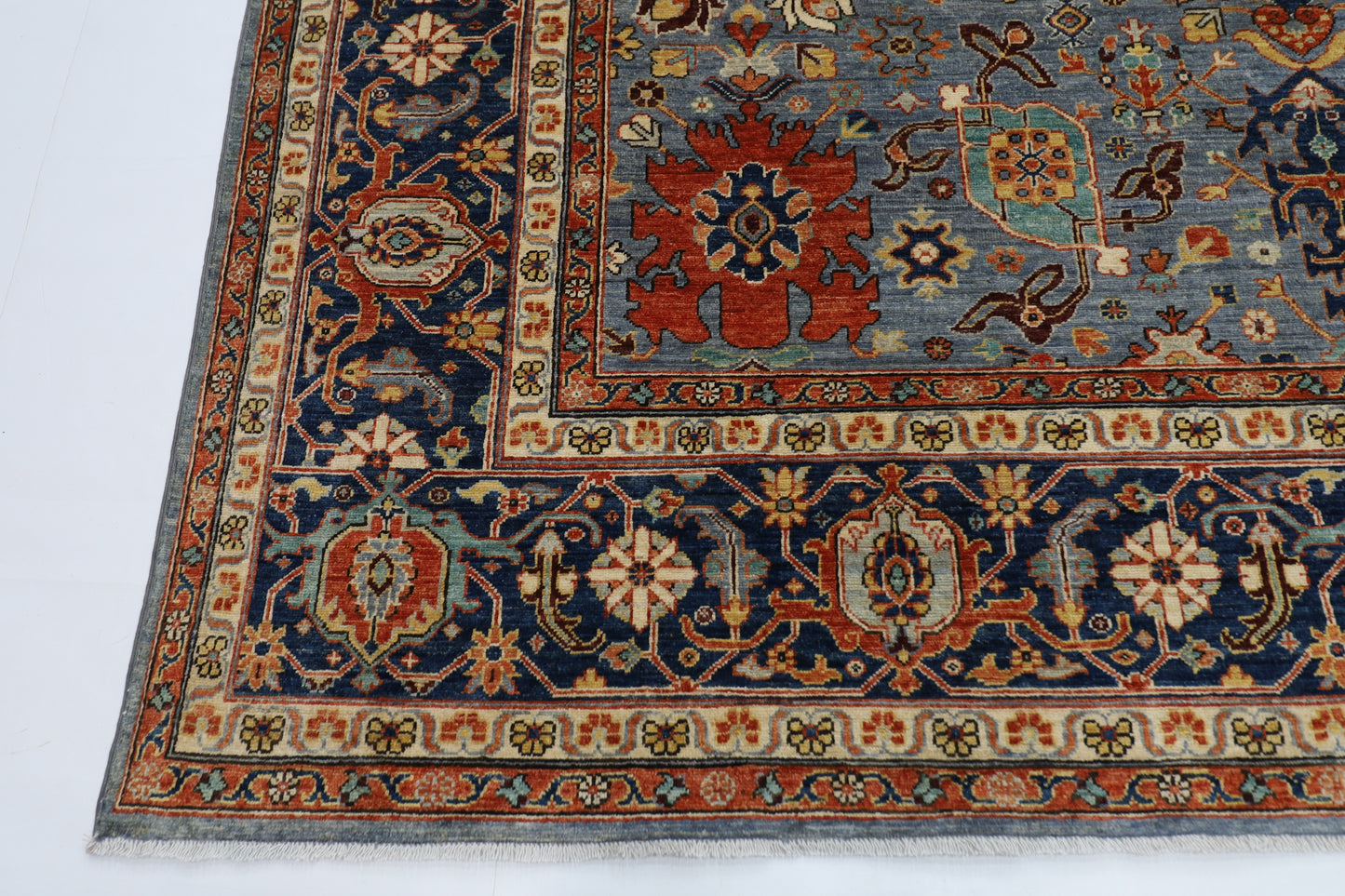 276 x 361 cm | Blueish Grey Afghan Tribal Hand Knotted Natural Veg Dye Wool Carpet