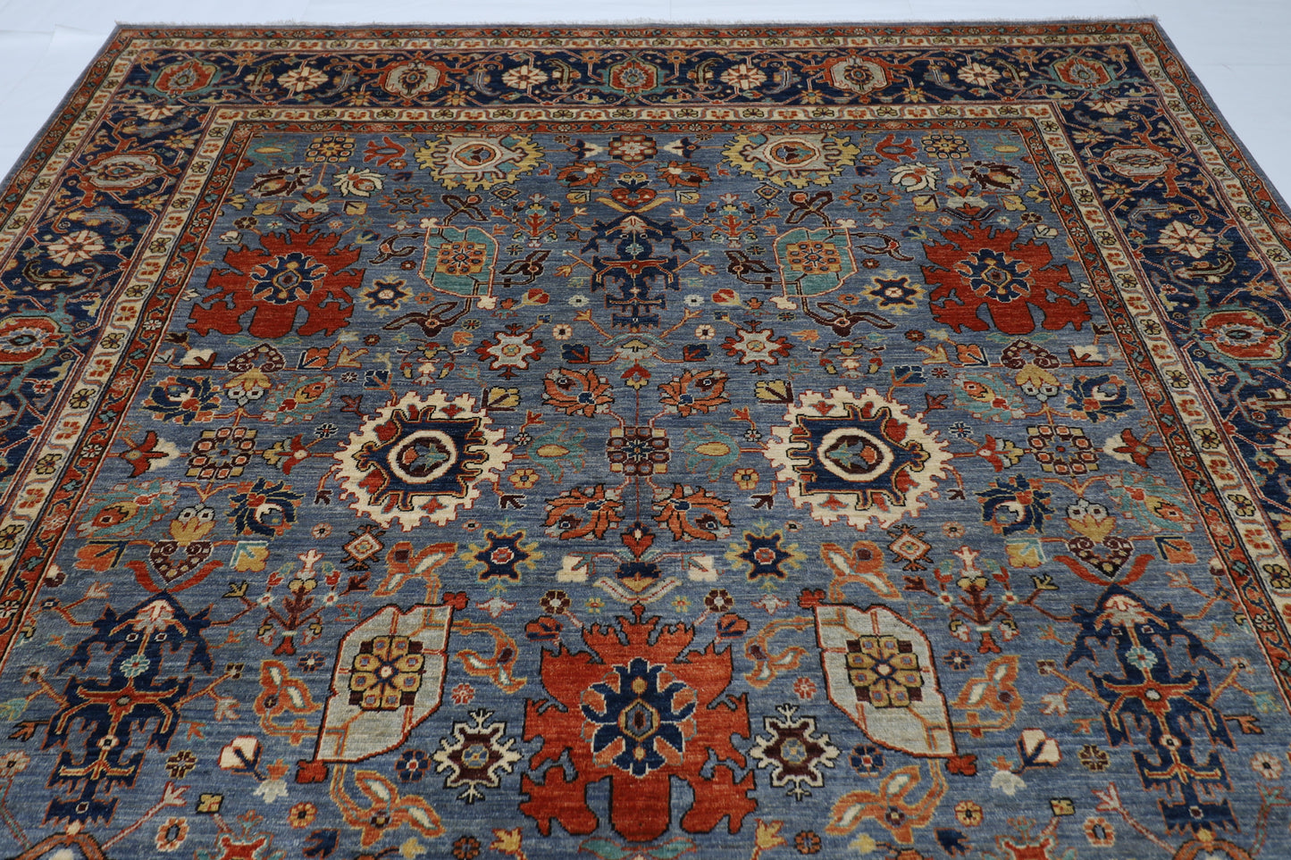 276 x 361 cm | Blueish Grey Afghan Tribal Hand Knotted Natural Veg Dye Wool Carpet