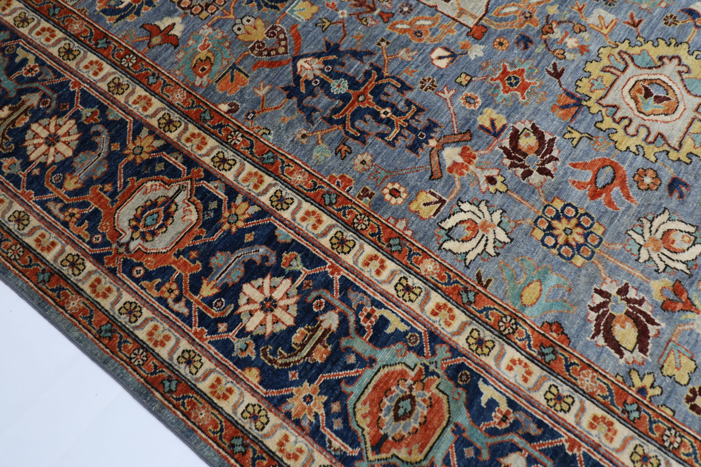 276 x 361 cm | Blueish Grey Afghan Tribal Hand Knotted Natural Veg Dye Wool Carpet
