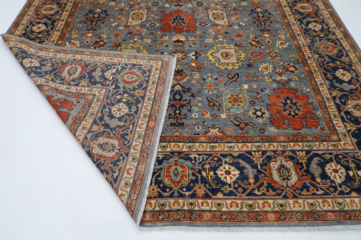276 x 361 cm | Blueish Grey Afghan Tribal Hand Knotted Natural Veg Dye Wool Carpet