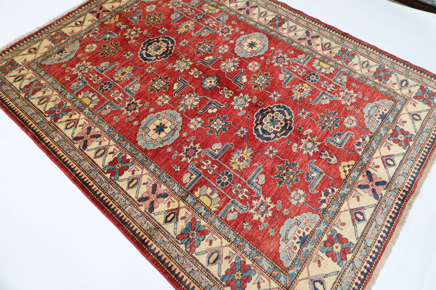 176 x 228 cm | Kazak Afghan Tribal Hand Knotted Veg Dye Wool Carpet