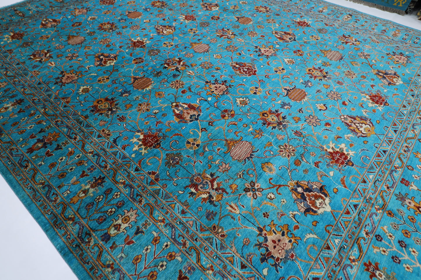 366 x 450 cm | Turquoise Sultani Afghan Tribal Hand Knotted Natural Veg Dye Wool Carpet