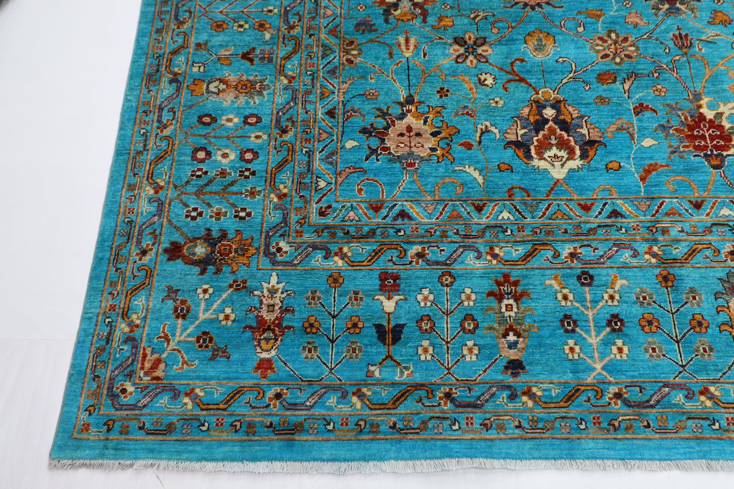 366 x 450 cm | Turquoise Sultani Afghan Tribal Hand Knotted Natural Veg Dye Wool Carpet