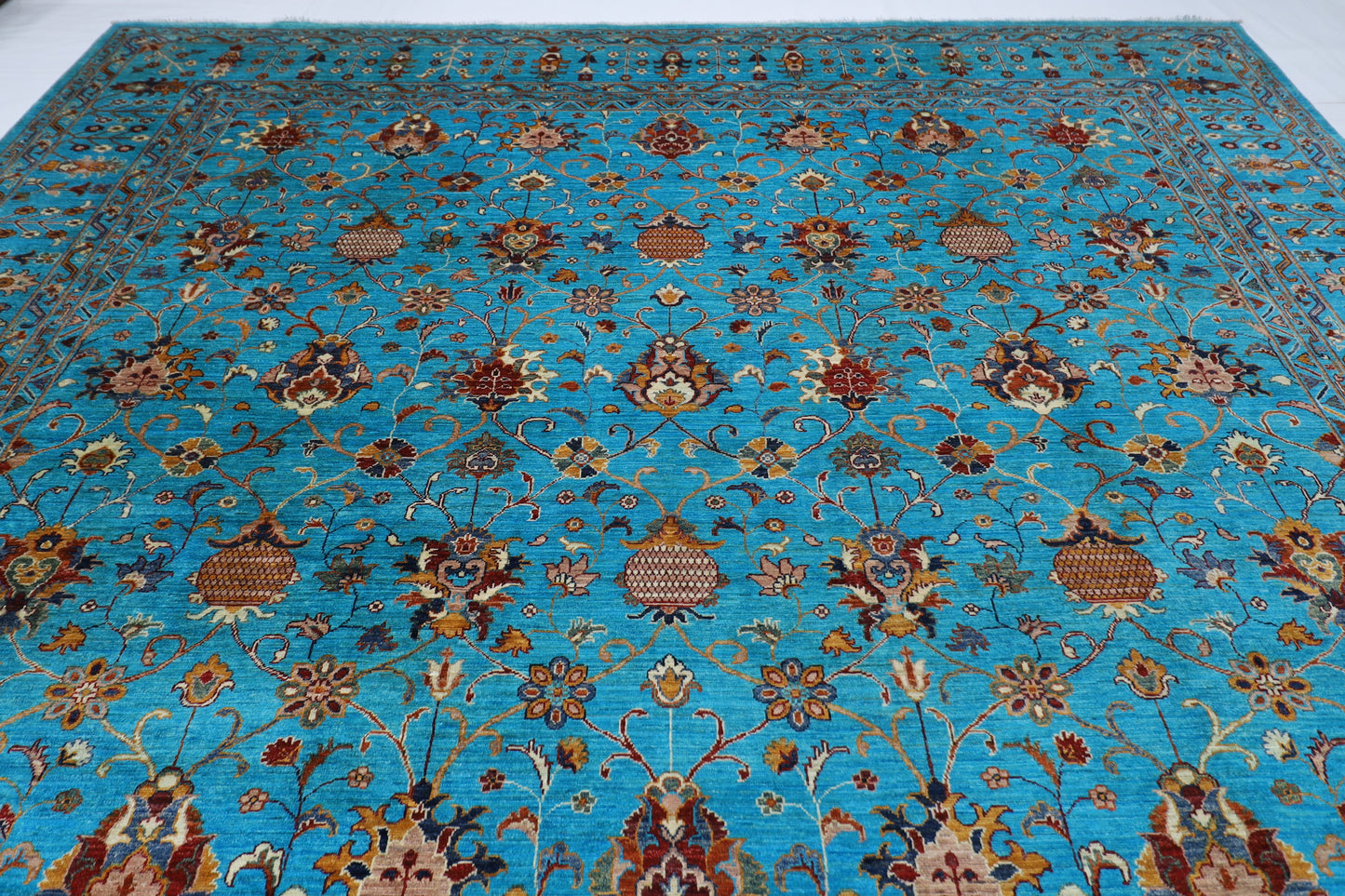 366 x 450 cm | Turquoise Sultani Afghan Tribal Hand Knotted Natural Veg Dye Wool Carpet