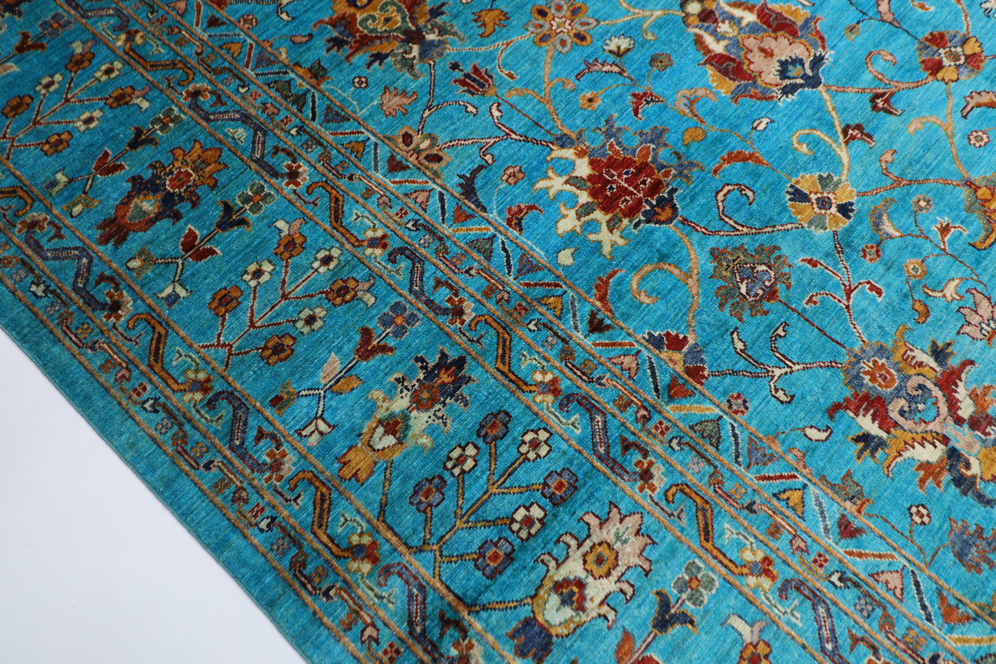 366 x 450 cm | Turquoise Sultani Afghan Tribal Hand Knotted Natural Veg Dye Wool Carpet