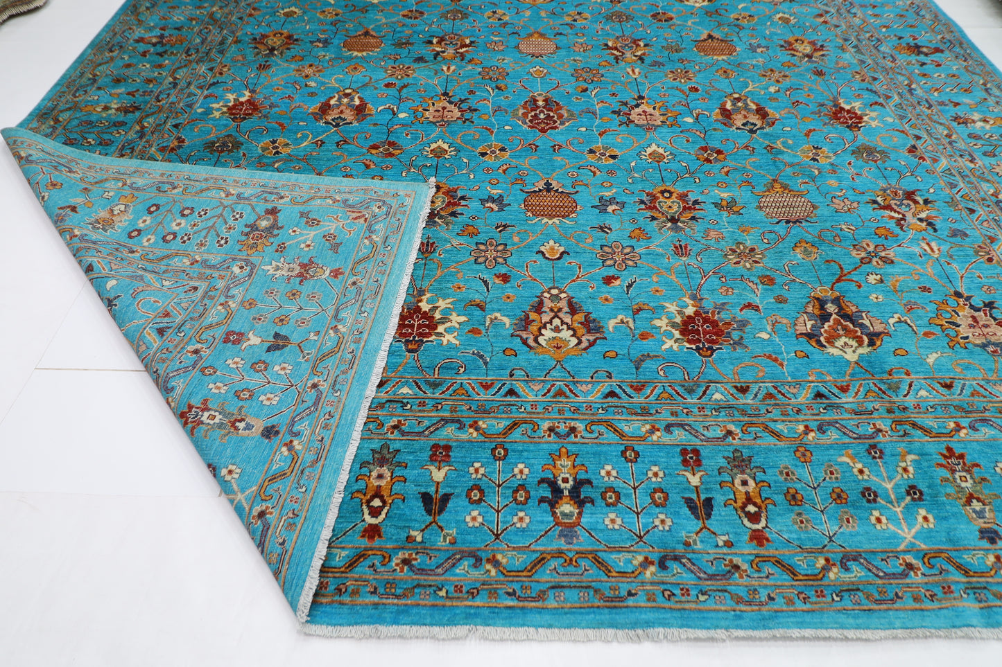 366 x 450 cm | Turquoise Sultani Afghan Tribal Hand Knotted Natural Veg Dye Wool Carpet